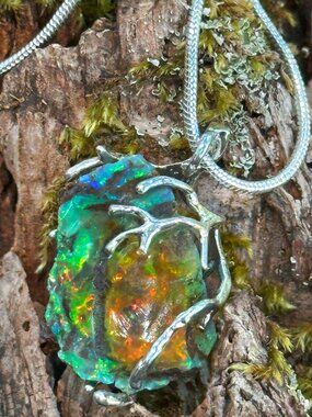 Vibrant Rainbow Fire Opal Silver Branches Necklace